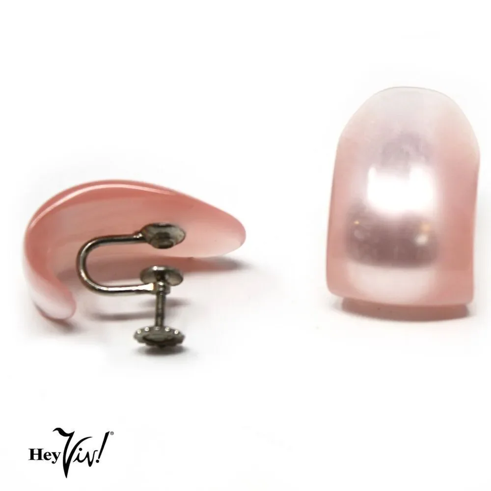 Vintage 1950s Screw Back Earrings Shiny Pink Curved Hard Plastic 1.25
